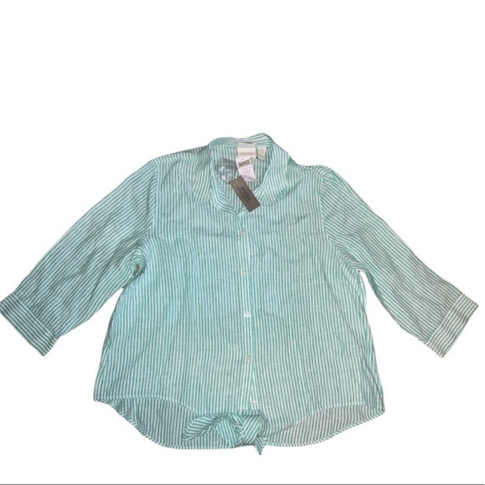 Chico’s effortlessly linen green white striped shirt size 3 nwt